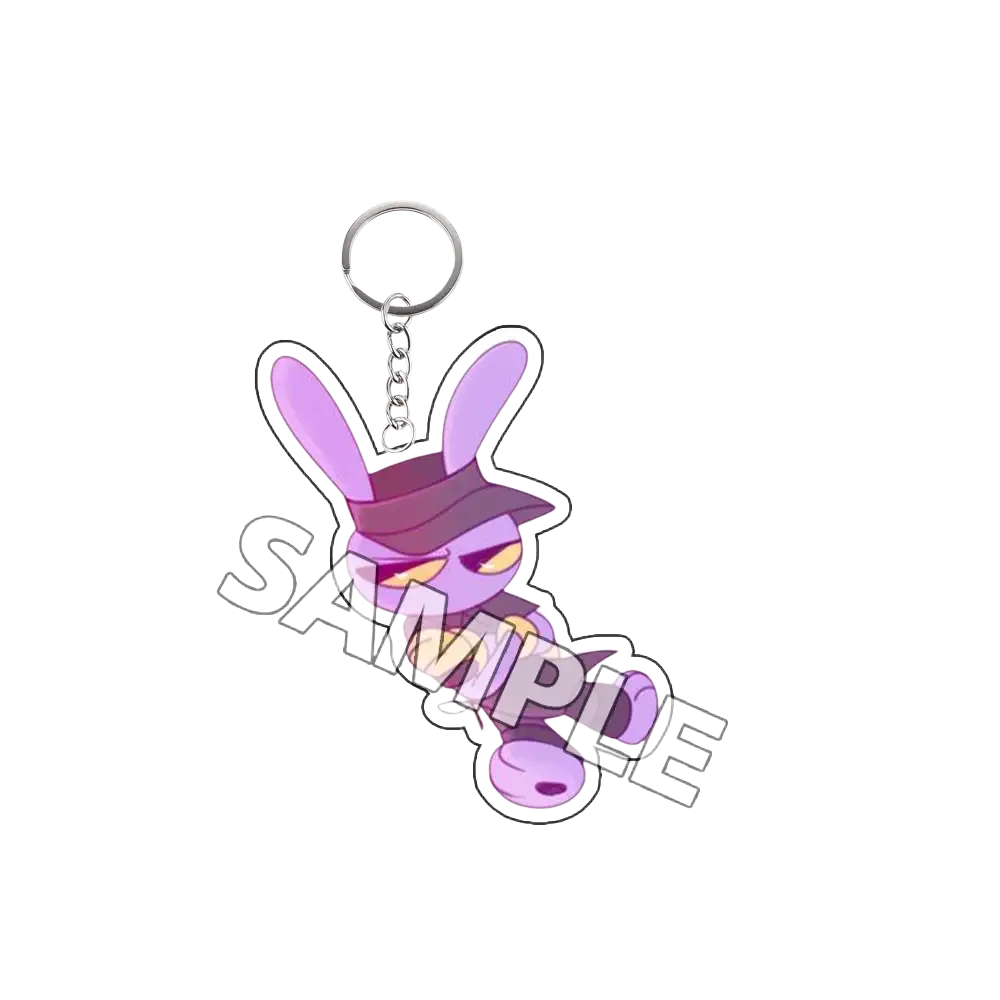 Purple acrylic bunny-shaped keychain with black hat and yellow eyes from Tadc cartoon character finished goods
