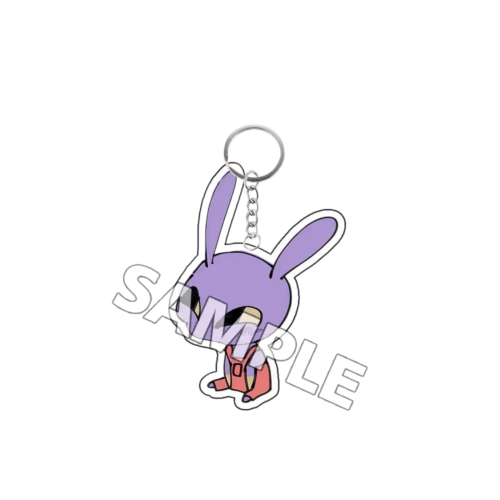 Acrylic keychain finished goods featuring a purple bunny shape with pink backpack details and a silver metal ring