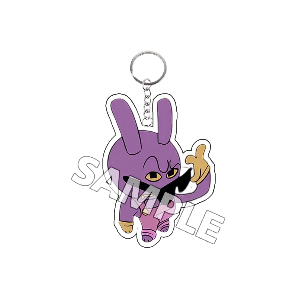 Purple acrylic keychain featuring tadc cartoon character rabbit with black sunglasses and gold accents finished goods