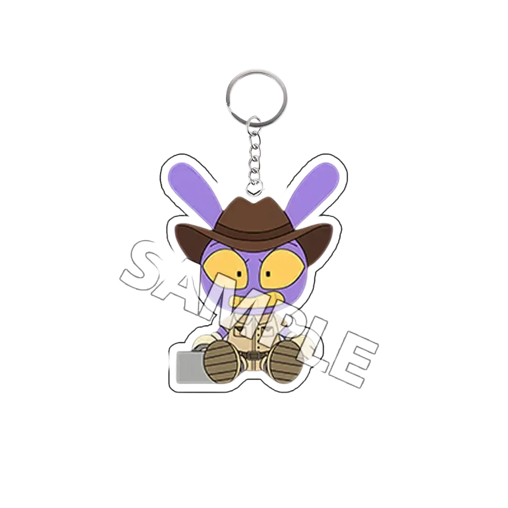Purple acrylic rabbit keychain with brown hat and boots featuring silver metal ring and chain finished goods accessory