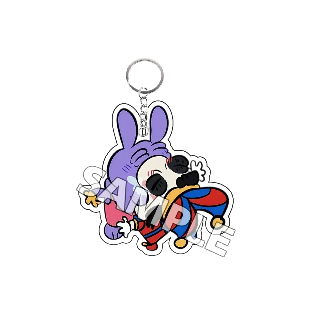 Acrylic keychain finished goods featuring a purple and red tadc cartoon rabbit with black gloves and white outline