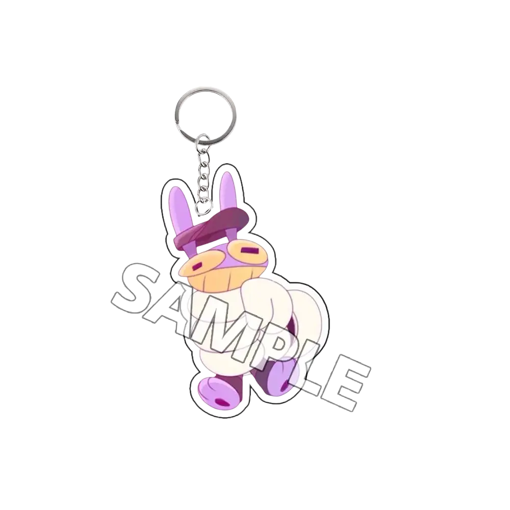 Acrylic keychain tadc finished goods featuring a purple and white cartoon rabbit with a silver metal ring