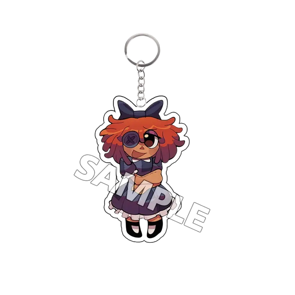 Acrylic keychain finished goods featuring a translucent orange and purple tadc cartoon character with glasses and black bow