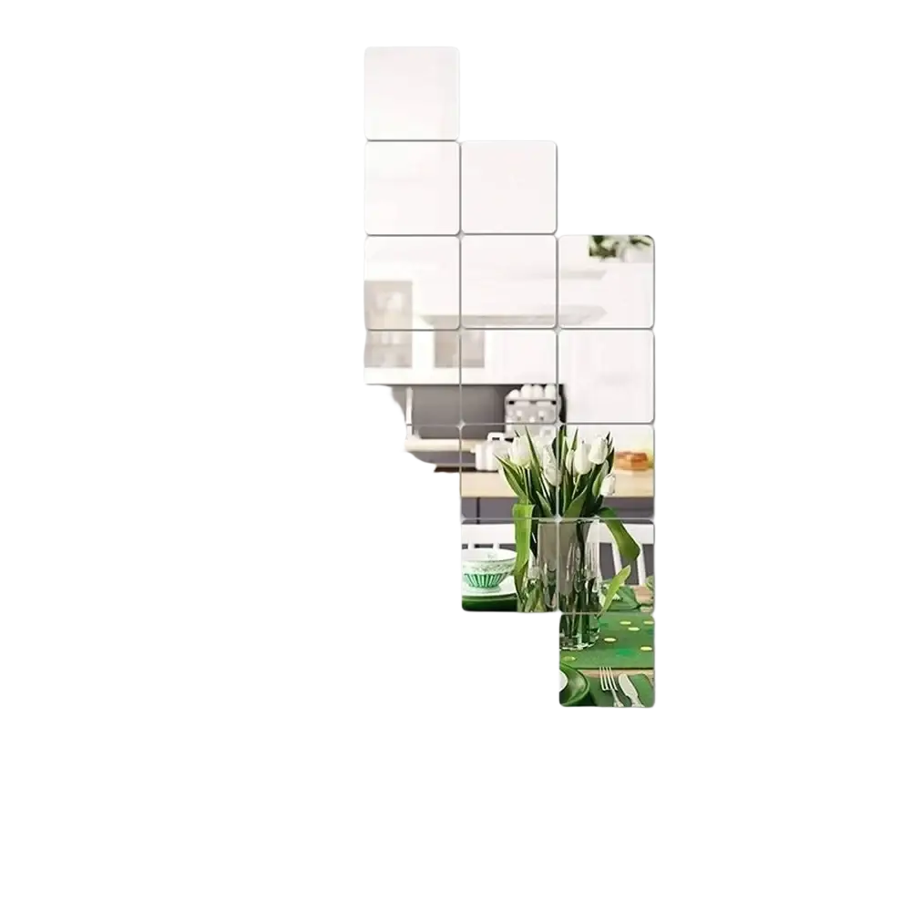 Acrylic mirror wall stickers featuring modern geometric square panels for decorative use in living room and bedroom