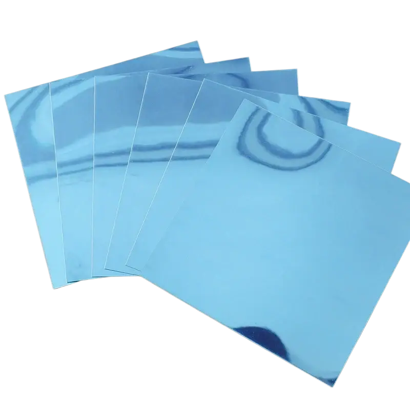 Set of five square light blue acrylic mirror wall stickers with dark blue swirl patterns for living room bedroom decor