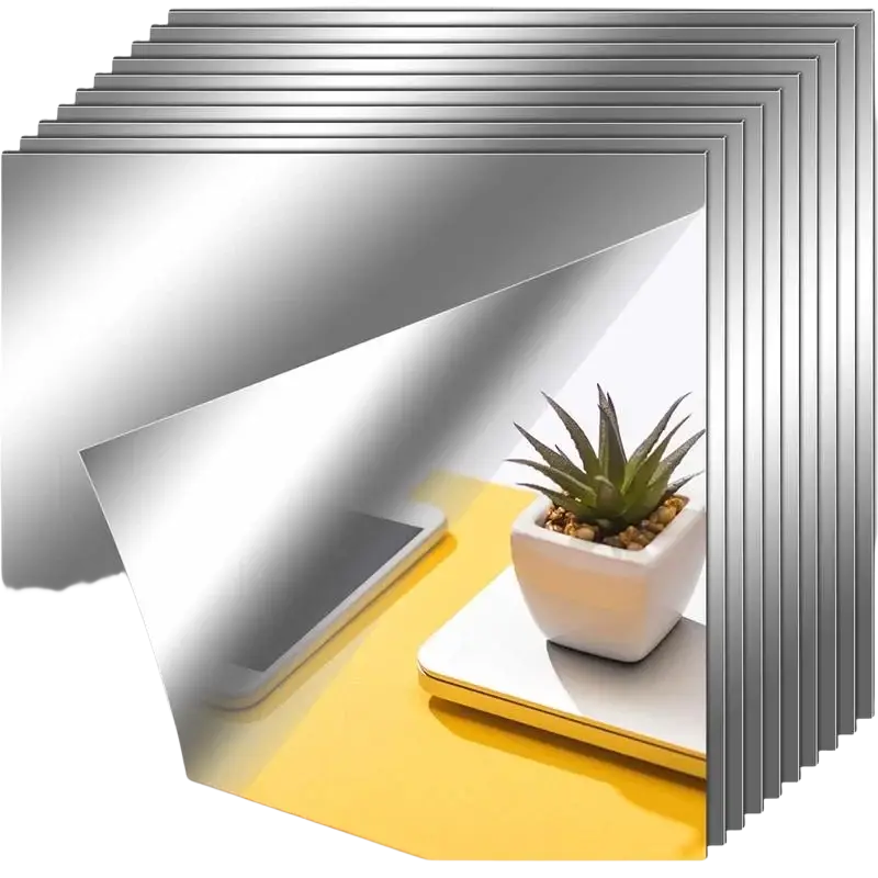 Stack of sleek reflective silver acrylic mirror wall stickers made of metal sheets for living room bedroom decor