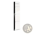 Acrylic monitor memo board with phone holder in white acrylic featuring a glossy black edge and three icon-lined sections