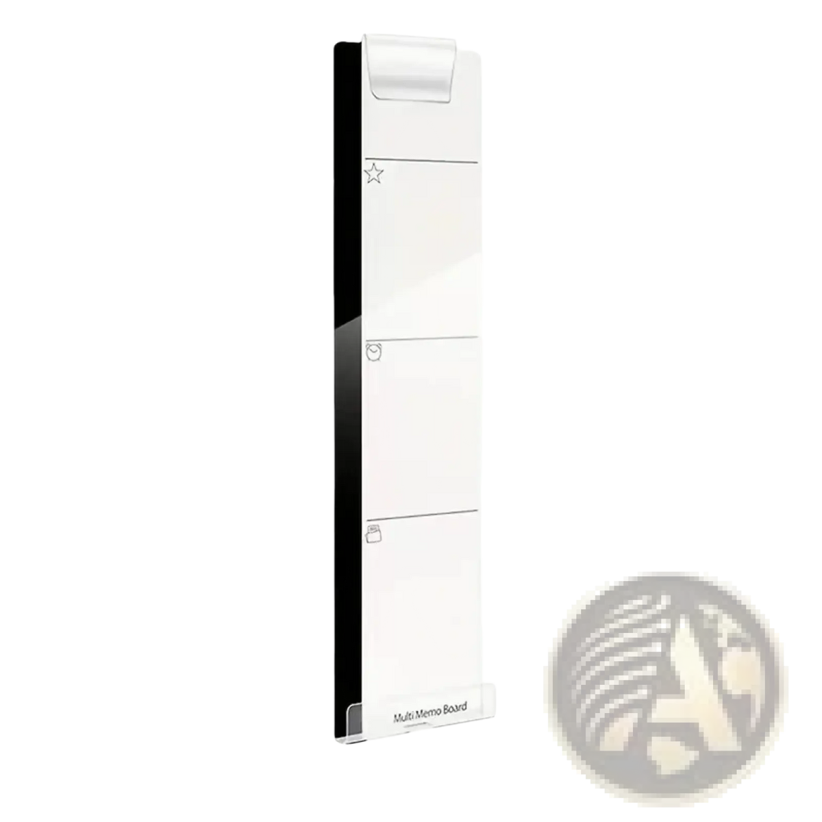 Acrylic monitor memo board with phone holder in white acrylic featuring a glossy black edge and three icon-lined sections