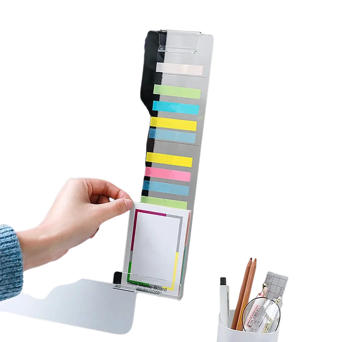 Clear acrylic monitor memo board with colorful sticky notes and white notepad holder featuring phone holder design