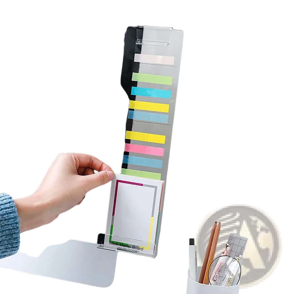Clear acrylic monitor memo board with colorful sticky notes and white notepad holder featuring phone holder design