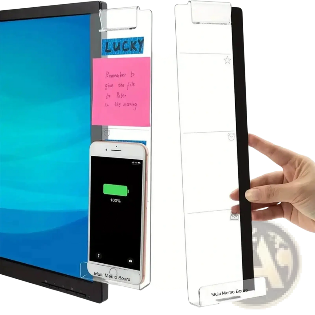 Clear acrylic monitor memo board with phone charging slot and sticky note holder for organized workspace use