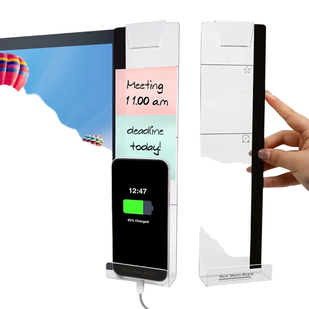 Clear acrylic monitor memo board with black edges featuring slots for sticky notes phone charging and task reminders