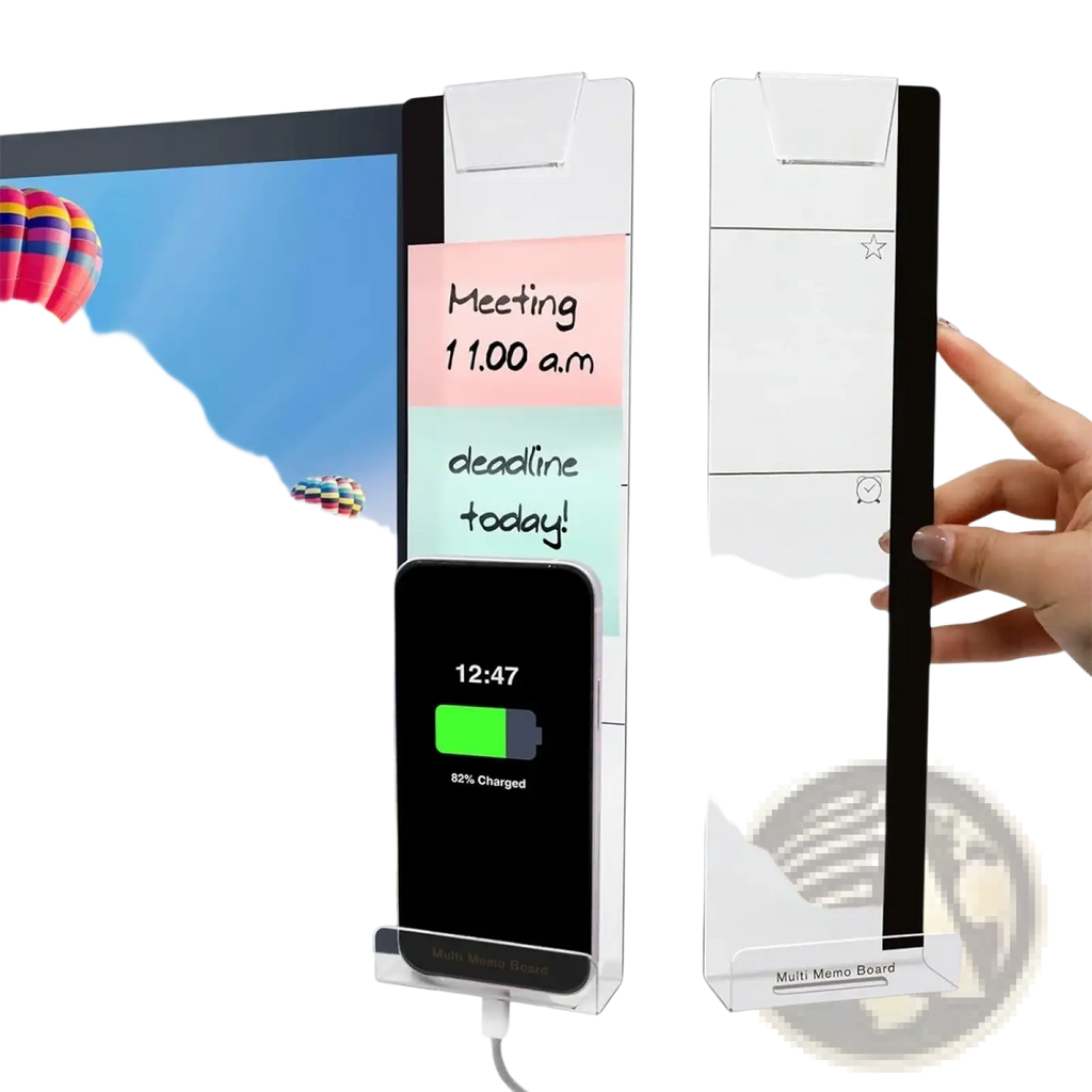 Clear acrylic monitor memo board with black edges featuring slots for sticky notes phone charging and task reminders
