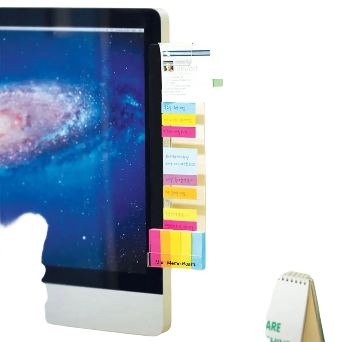 Colorful sticky notes on a clear acrylic monitor memo board with phone holder attached to a computer monitor side