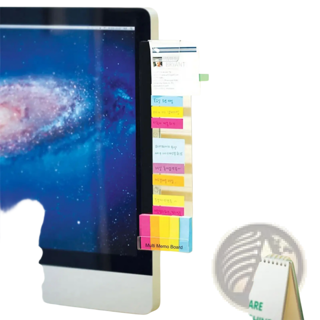 Colorful sticky notes on a clear acrylic monitor memo board with phone holder attached to a computer monitor side