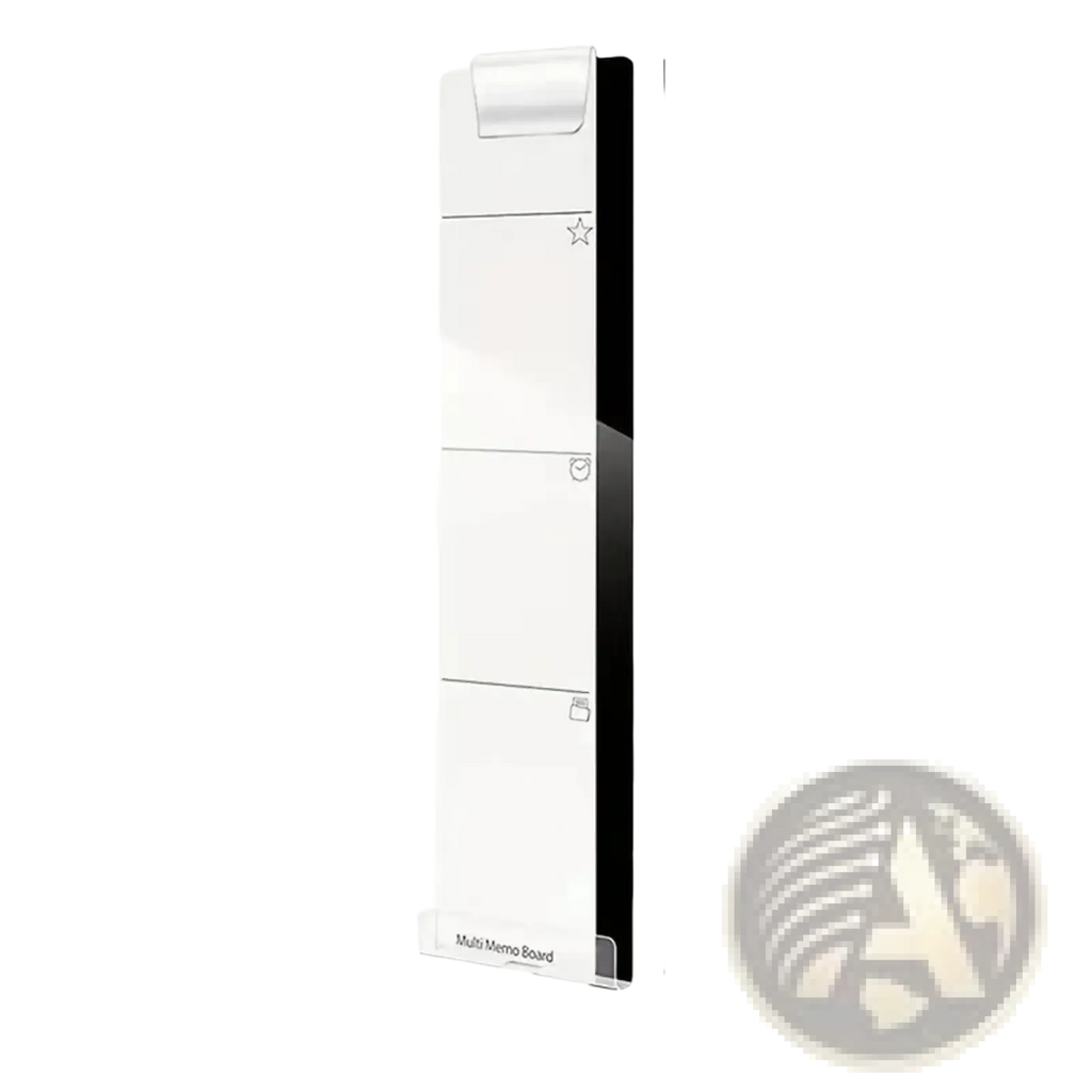 Acrylic monitor memo board with phone holder featuring a sleek minimalist design glossy white surface and black side panel