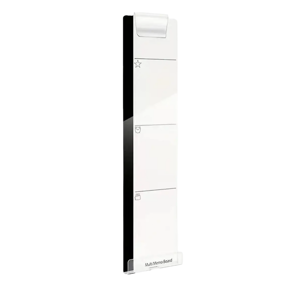 Acrylic monitor memo board with phone holder in white acrylic featuring a glossy black edge and three icon-lined sections