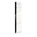 Acrylic monitor memo board with phone holder in white acrylic featuring a glossy black edge and three icon-lined sections