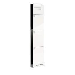Acrylic monitor memo board with phone holder in white acrylic featuring a glossy black edge and three icon-lined sections