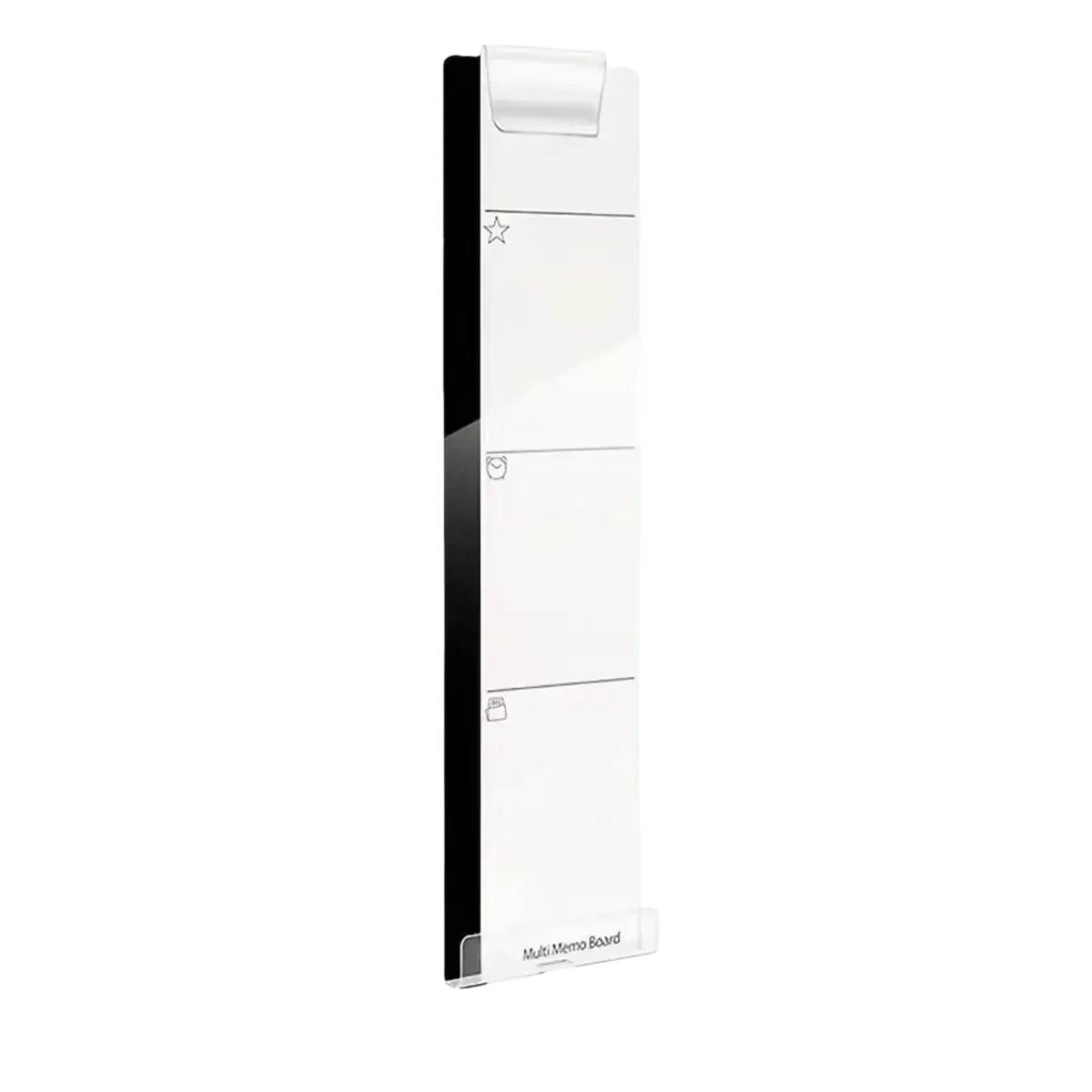 Acrylic monitor memo board with phone holder in white acrylic featuring a glossy black edge and three icon-lined sections