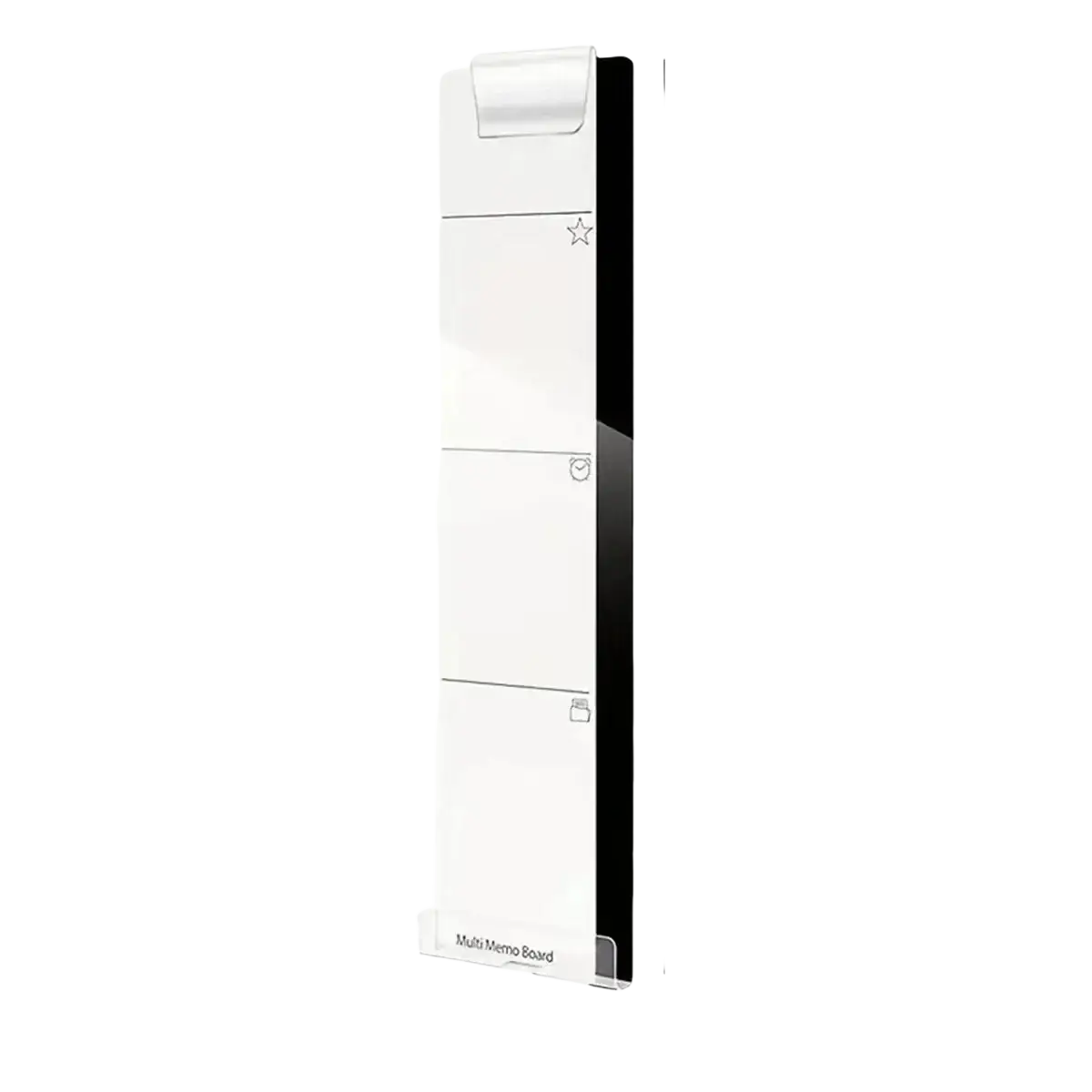 White and black acrylic monitor memo board with phone holder featuring three clear sections marked by small icons