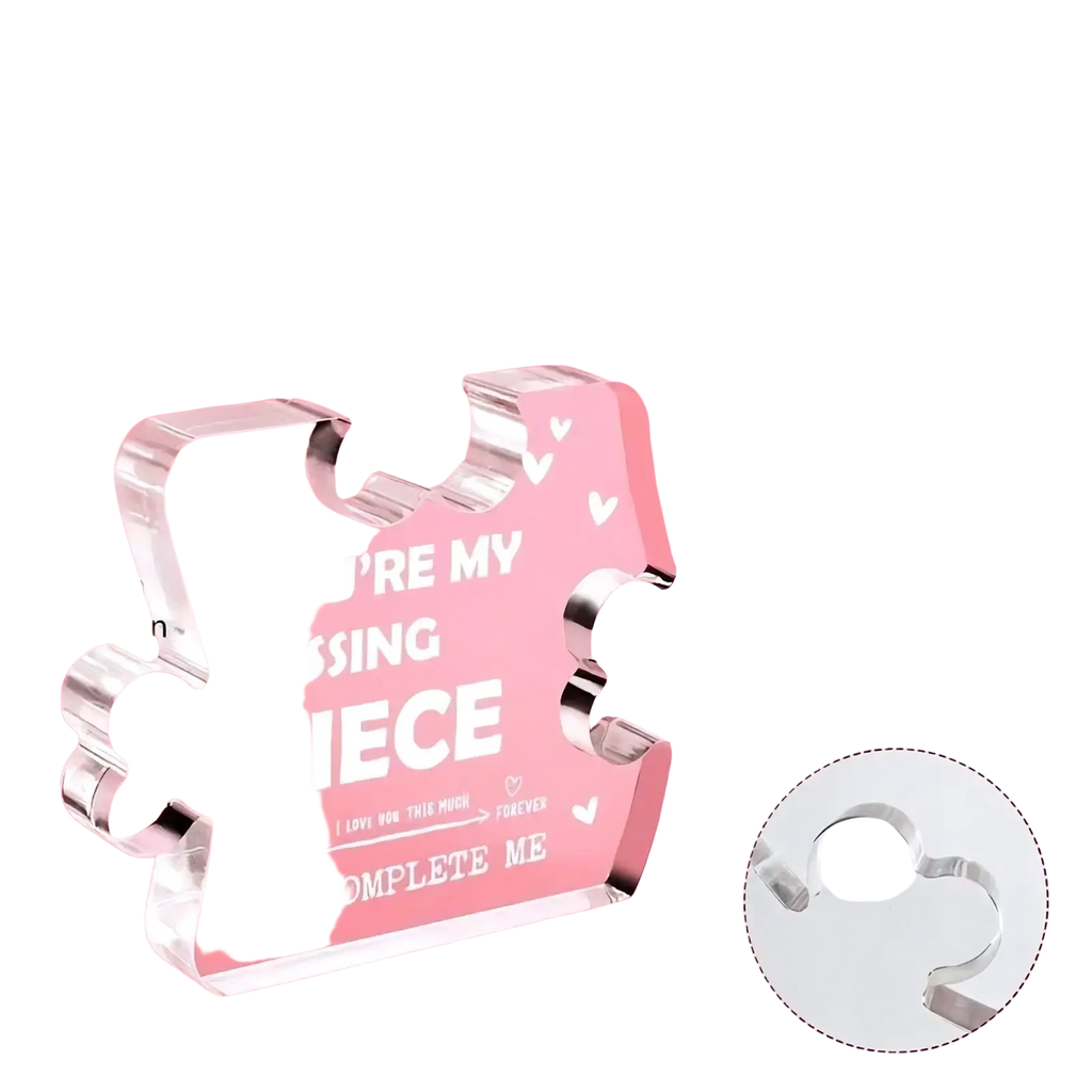 Clear acrylic puzzle piece couple keepsake gift with glossy finish and engraved white text youre my missing piece