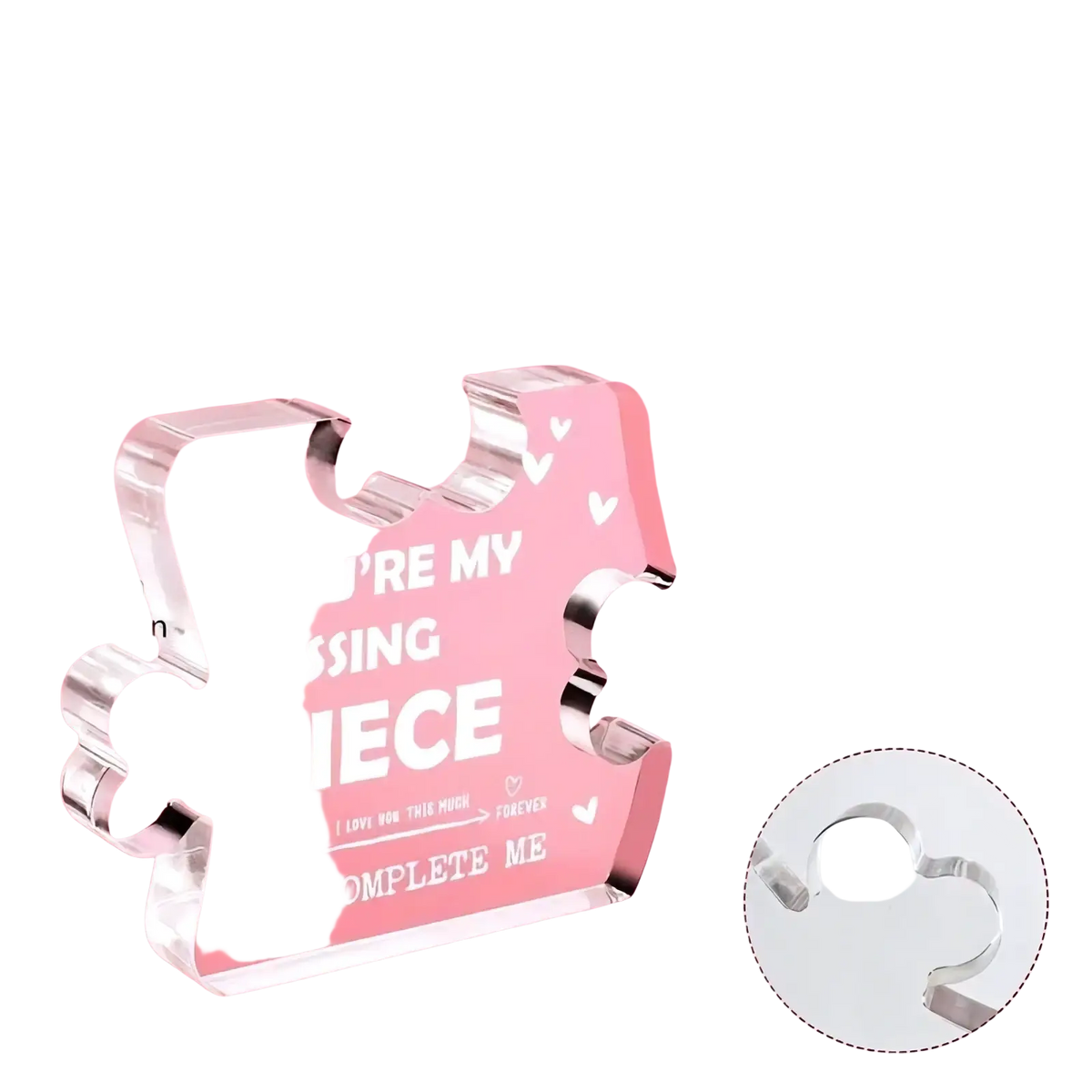 Clear acrylic puzzle piece couple keepsake gift with glossy finish and engraved white text youre my missing piece