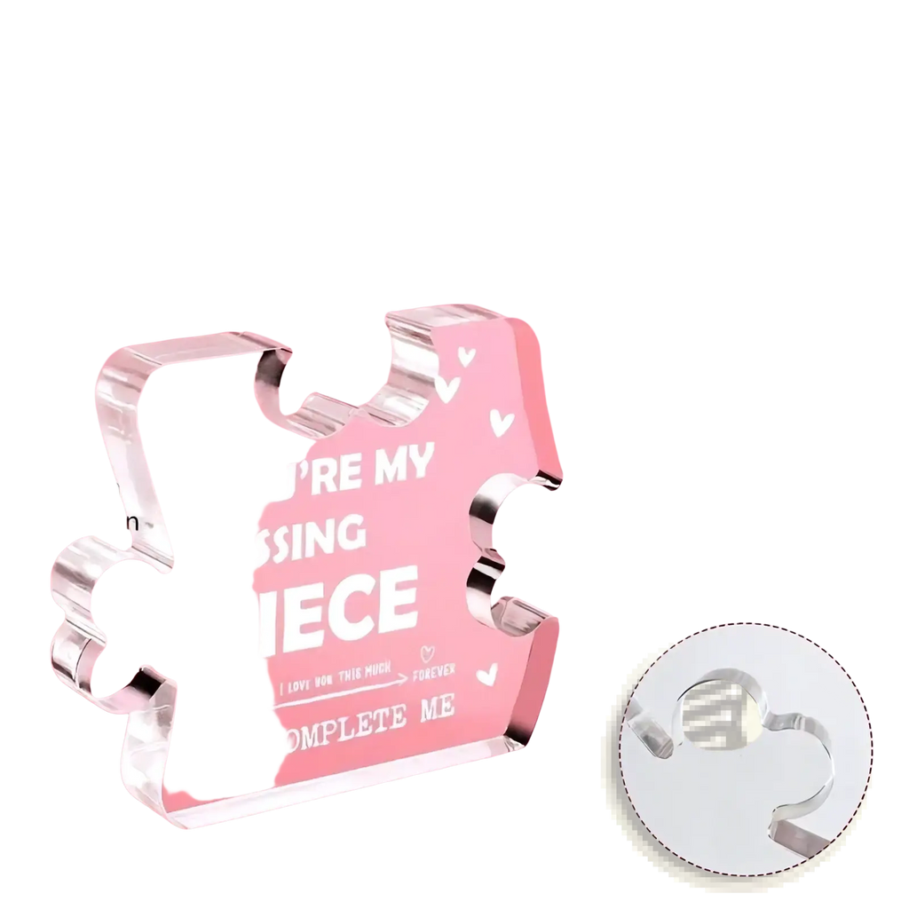 Clear acrylic puzzle piece couple keepsake gift with glossy finish and engraved white text youre my missing piece