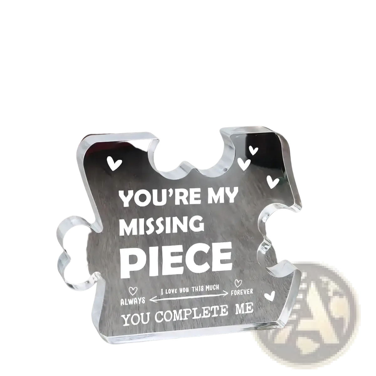 Clear acrylic puzzle piece plaque with engraved white text and hearts for couple keepsake gift