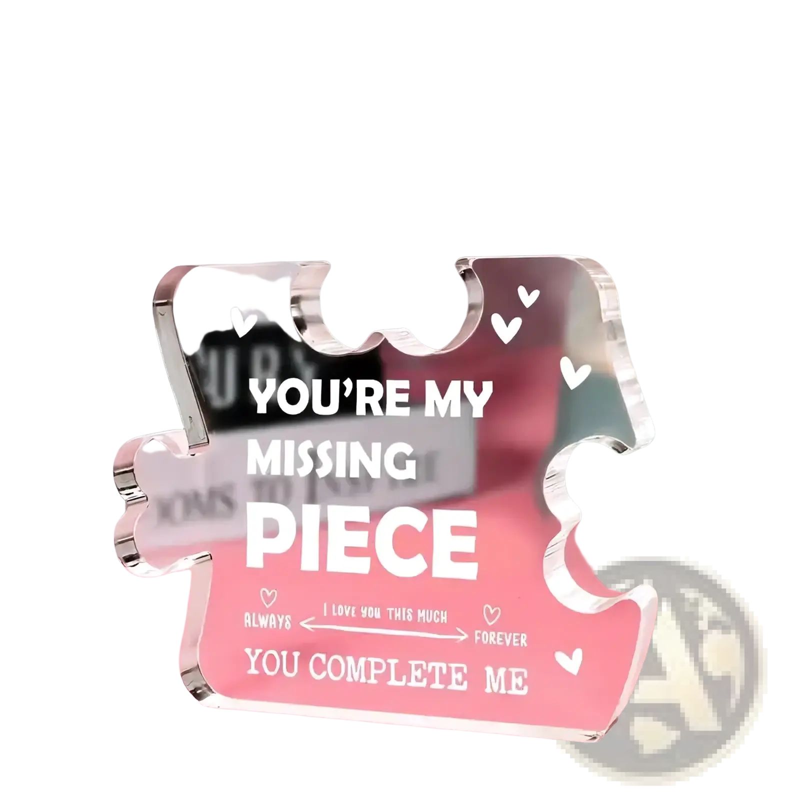 Clear acrylic puzzle piece couple keepsake gift plaque with engraved white text and heart motifs