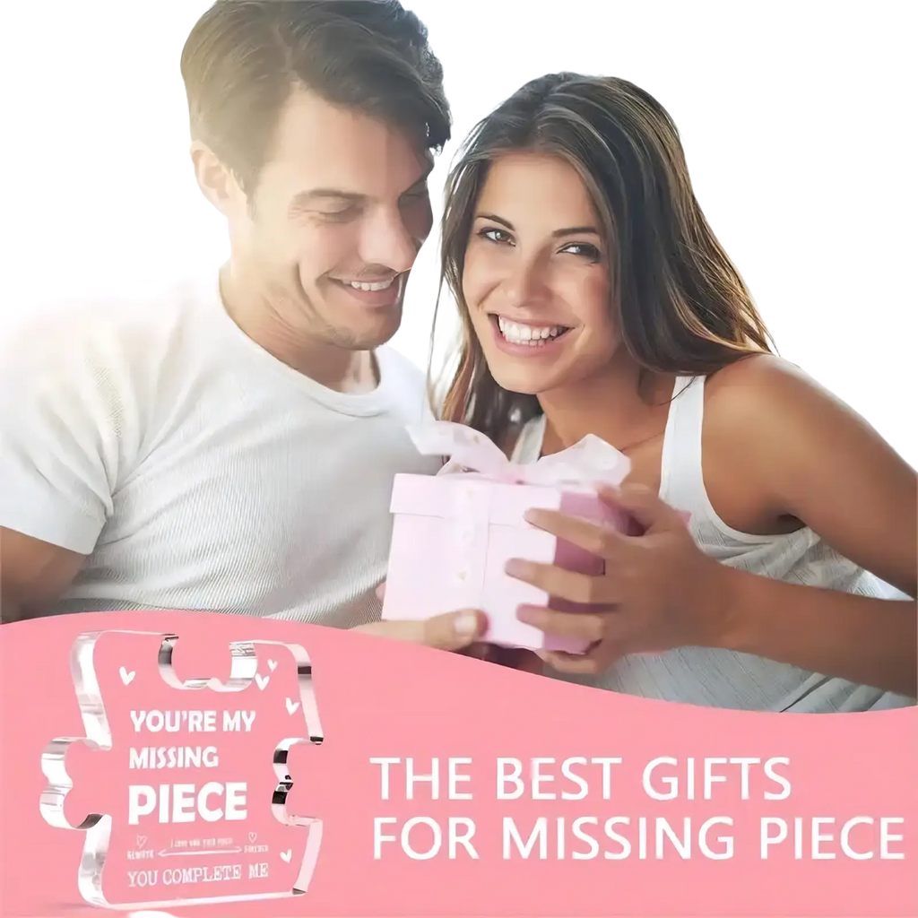 Pink acrylic puzzle piece couple keepsake gift with matching pink ribbon bow in gift box