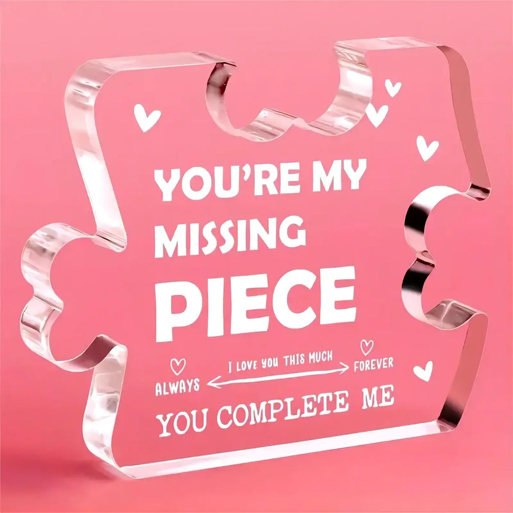 Pink acrylic puzzle piece couple keepsake gift plaque with white engraved text and heart designs