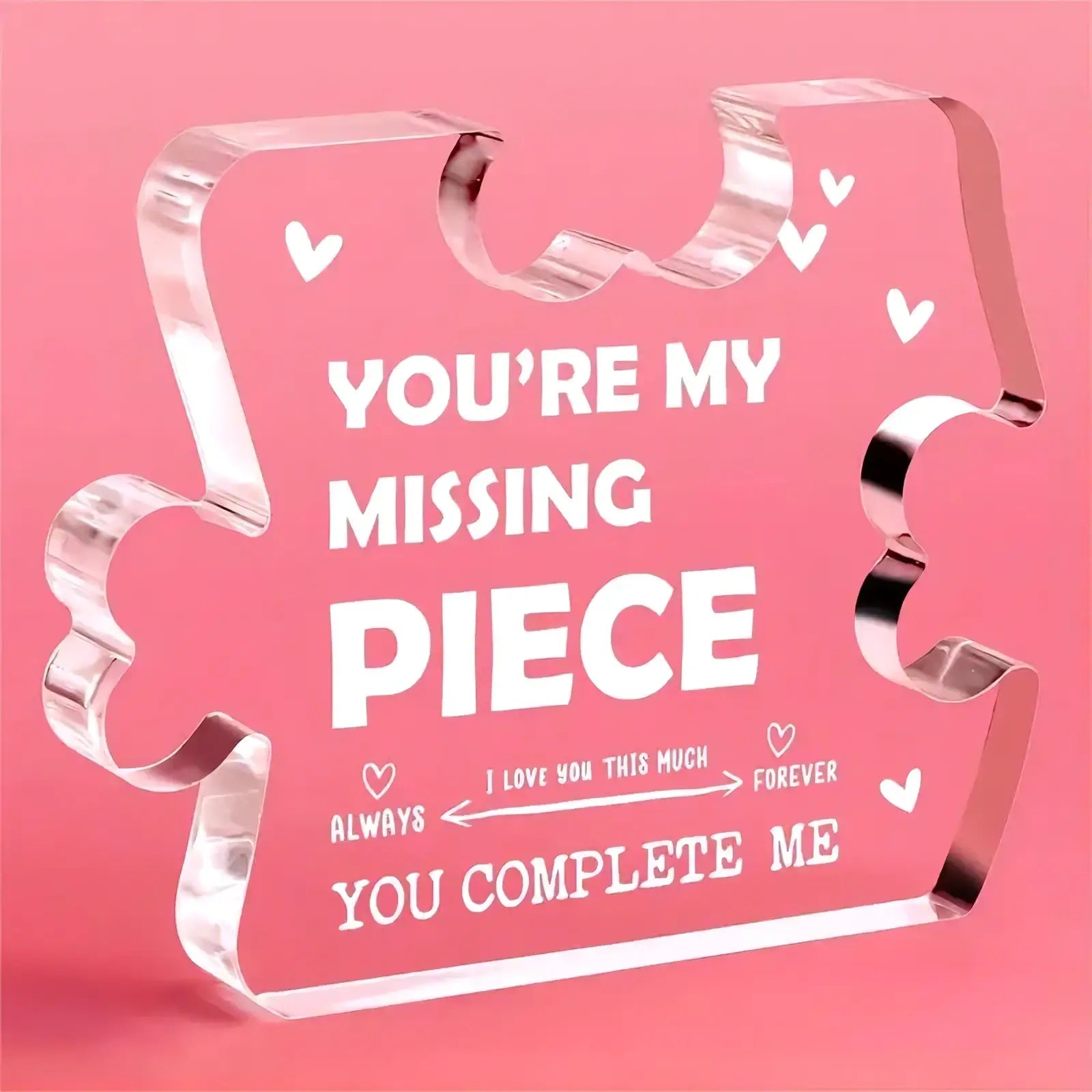 Pink acrylic puzzle piece couple keepsake gift plaque with white engraved text and heart designs