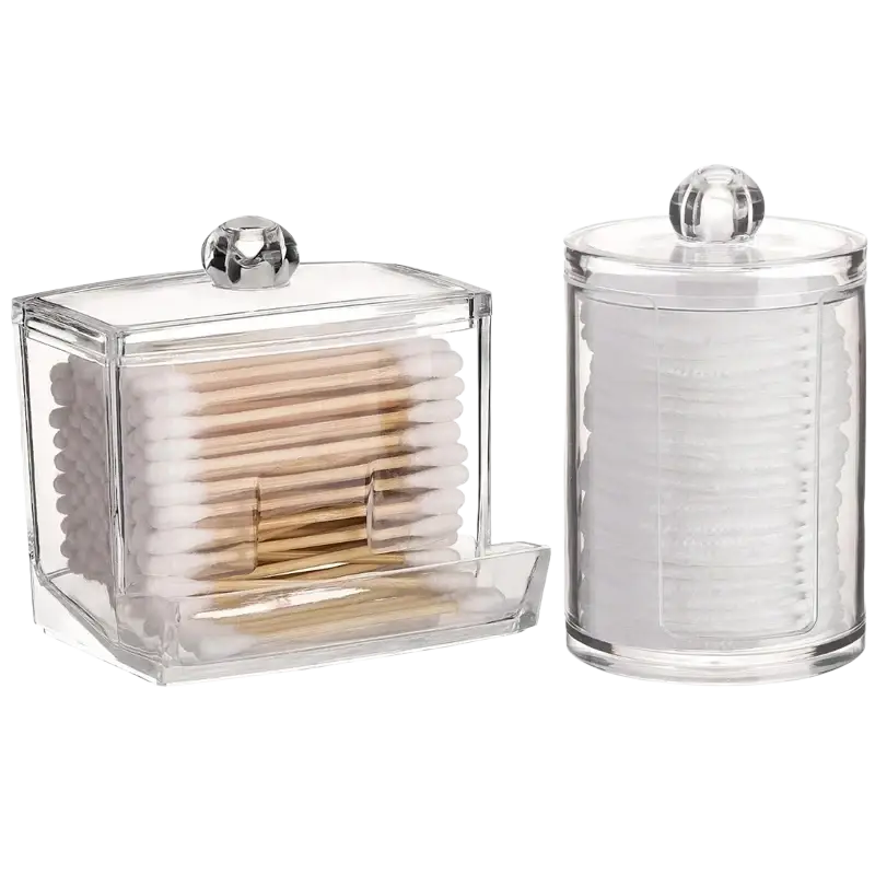 Clear acrylic q-tip and cotton ball storage jar set with faceted glass knobs rectangular and cylindrical containers