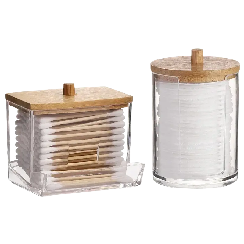 Acrylic q-tip and cotton ball storage jar set with clear acrylic containers and bamboo lids holding cotton swabs