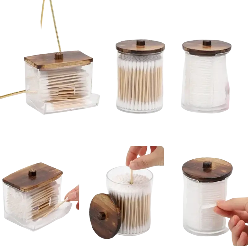 Clear glass acrylic q-tip and cotton ball storage jars with dark wood lids for organizing cotton swabs and q-tips