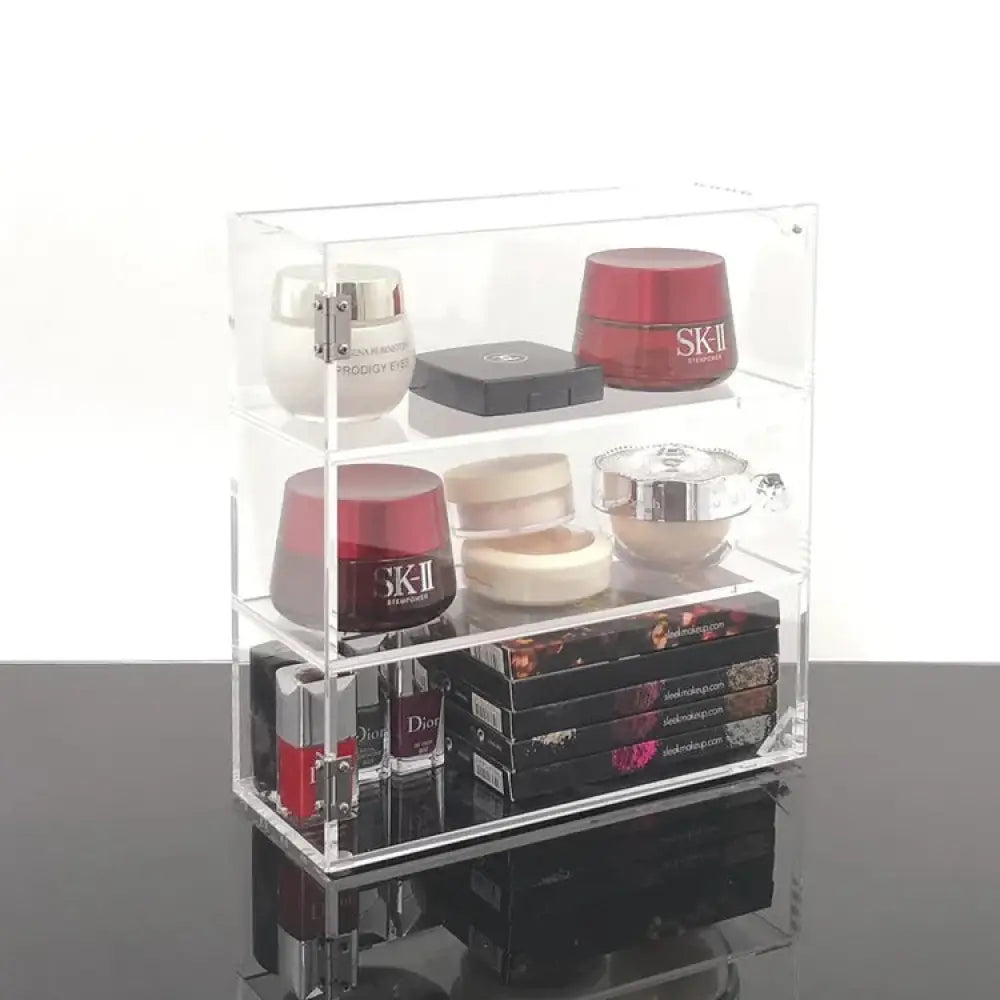 Clear acrylic three-tiered dustproof stackable makeup organizer for cosmetic storage and display