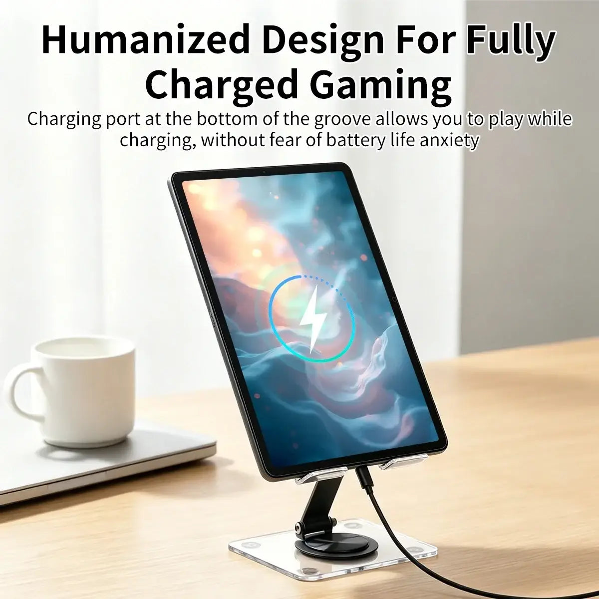 Black and transparent acrylic tablet stand with magnetic base featuring 360 rotating design and heat dissipation function
