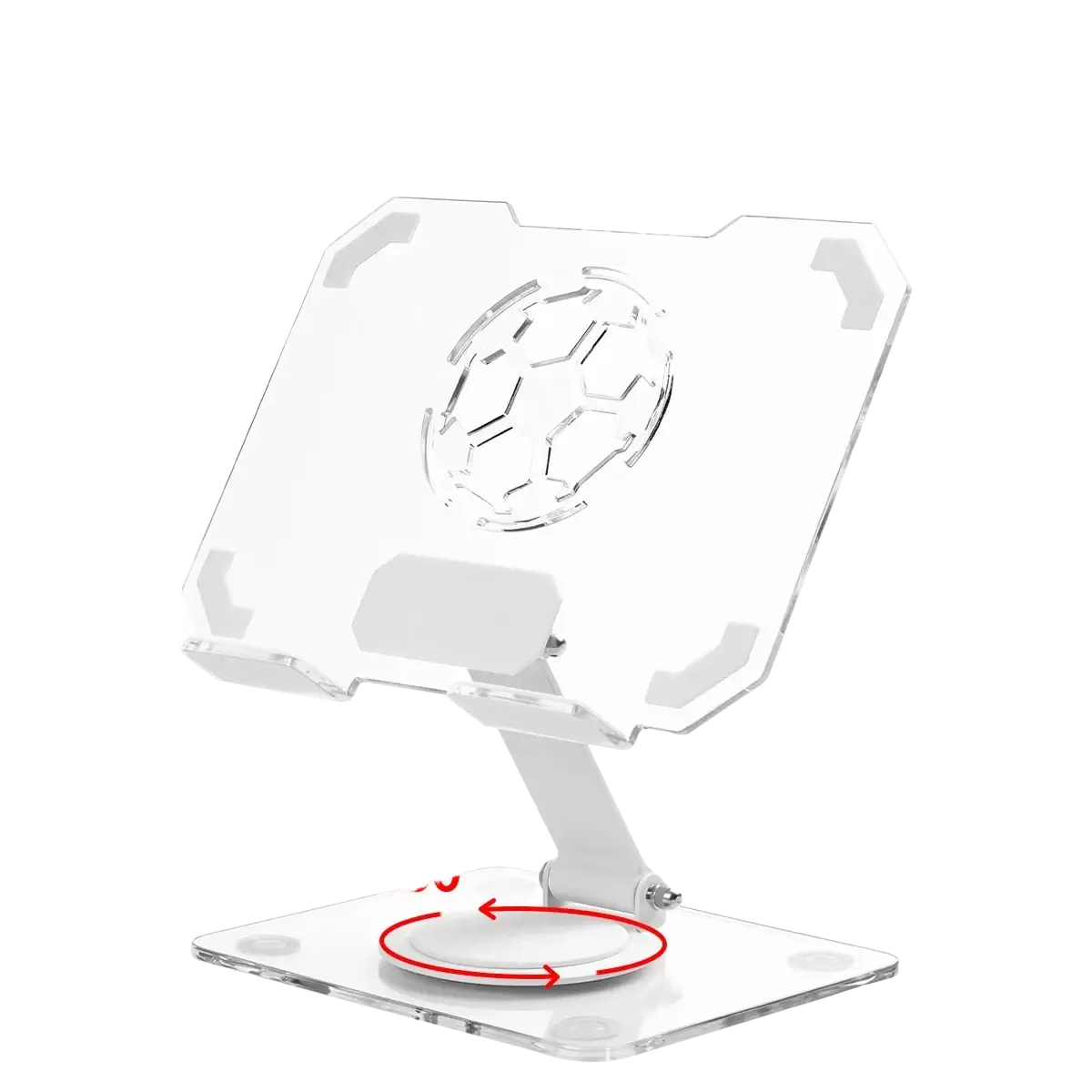 Clear acrylic tablet stand with football-shaped cutout and white base designed for 360 rotating heat dissipation