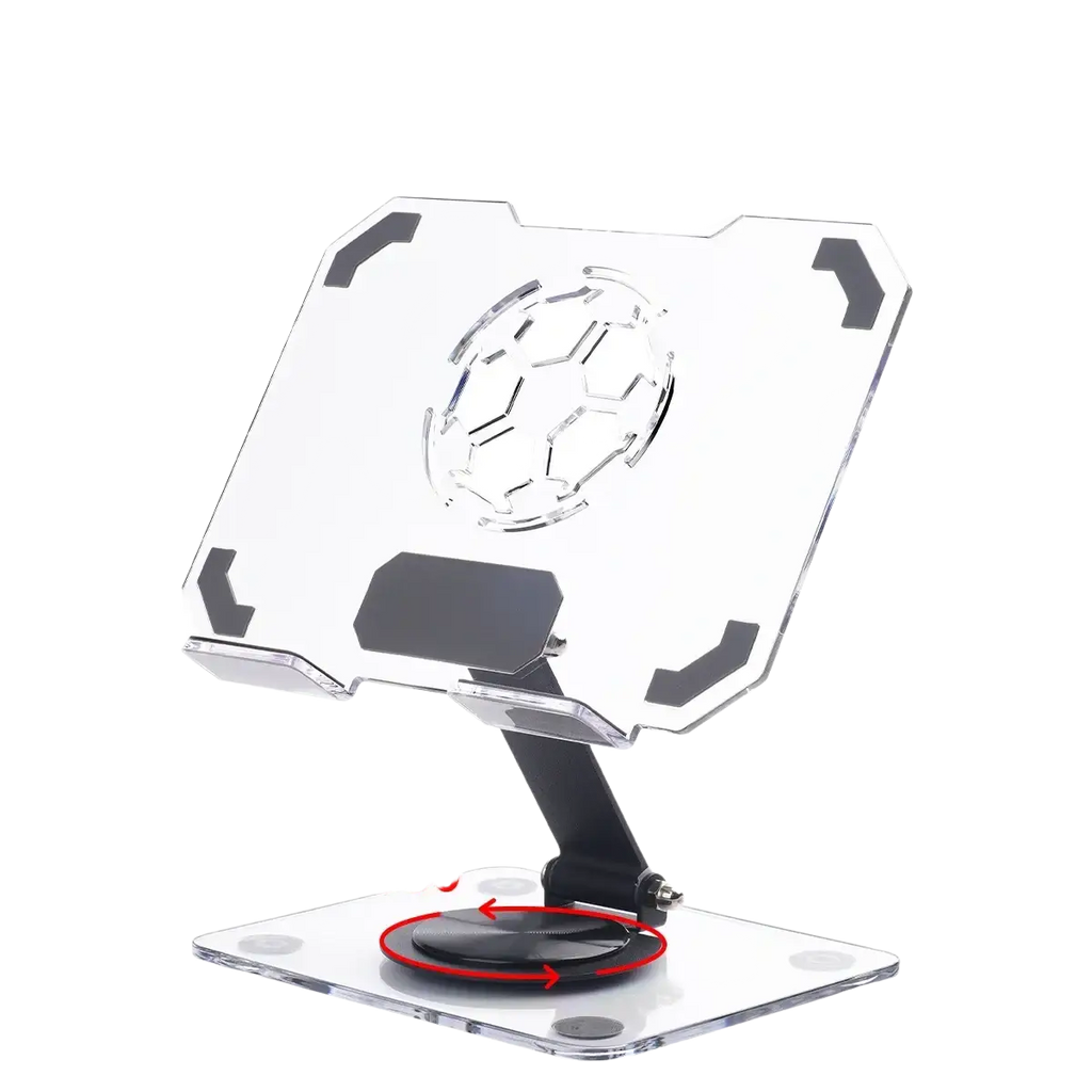 Clear acrylic tablet stand with black accents and football design featuring 360 rotating base and heat dissipation