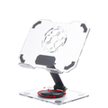Clear acrylic tablet stand with black accents and football design featuring 360 rotating base and heat dissipation