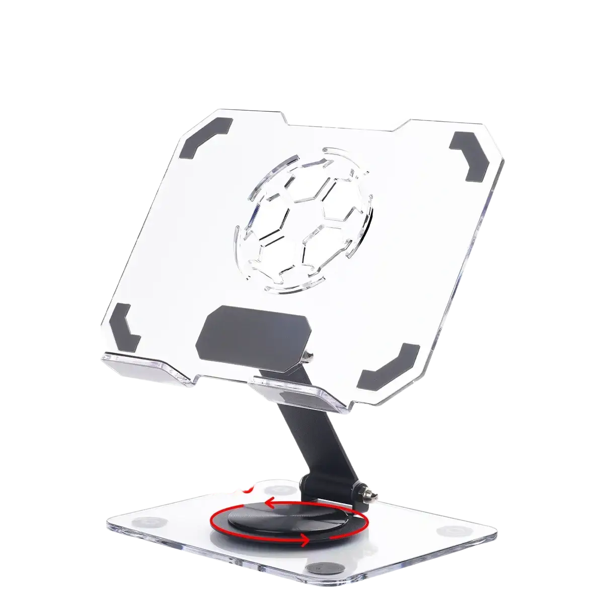 Clear acrylic tablet stand with black accents and football design featuring 360 rotating base and heat dissipation