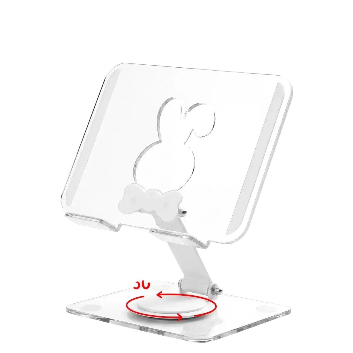 Clear acrylic tablet stand with rabbit cutout and white bow tie detail featuring 360 rotating heat dissipation