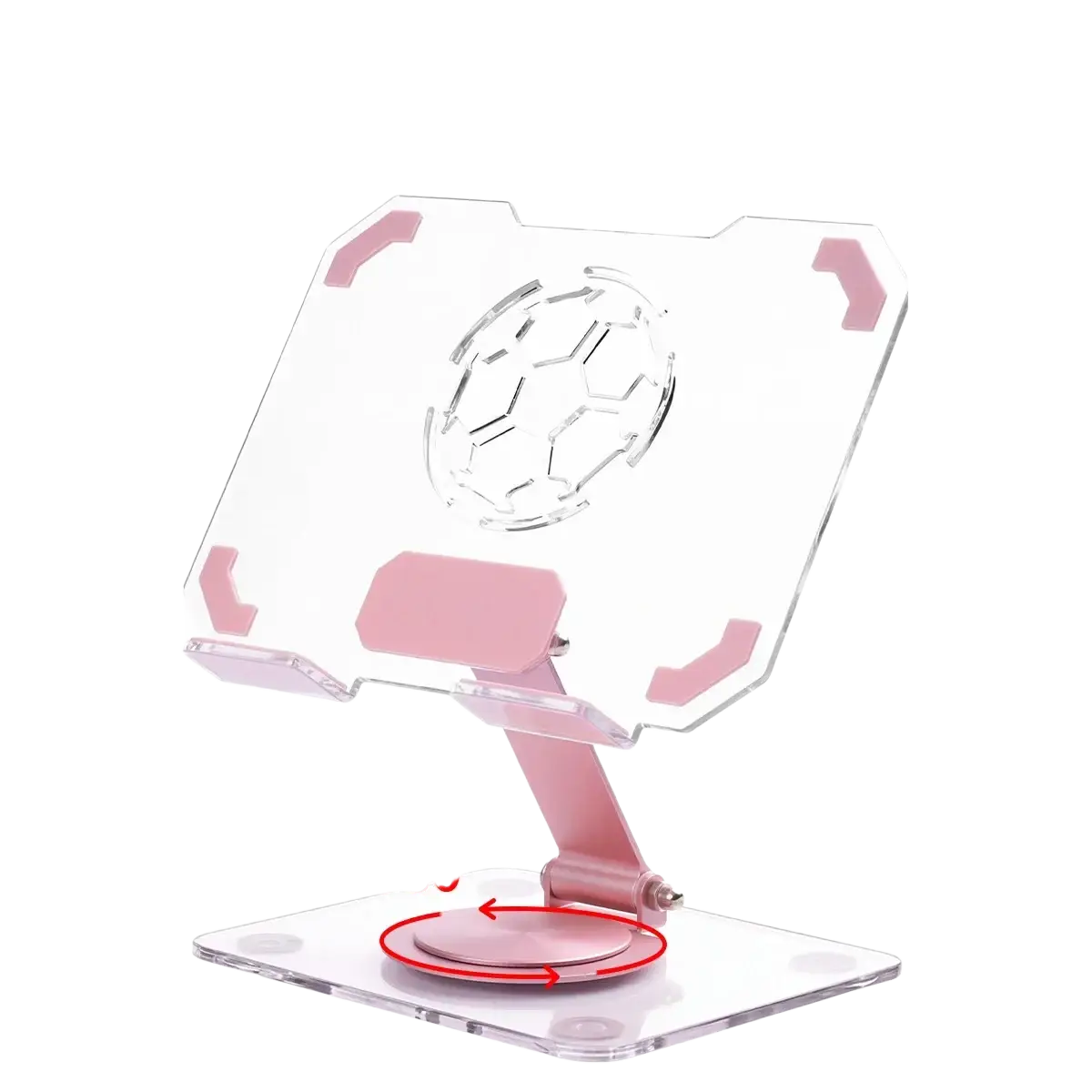 Football pink transparent acrylic laptop stand with soccer ball design and pink accents featuring 360 rotating heat dissipation