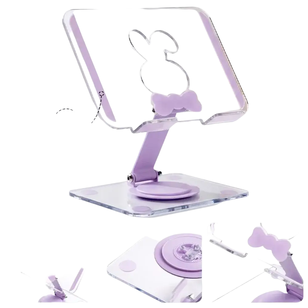 Purple bunny-shaped acrylic tablet stand with clear arms and non-slip base featuring 360 rotating heat dissipation