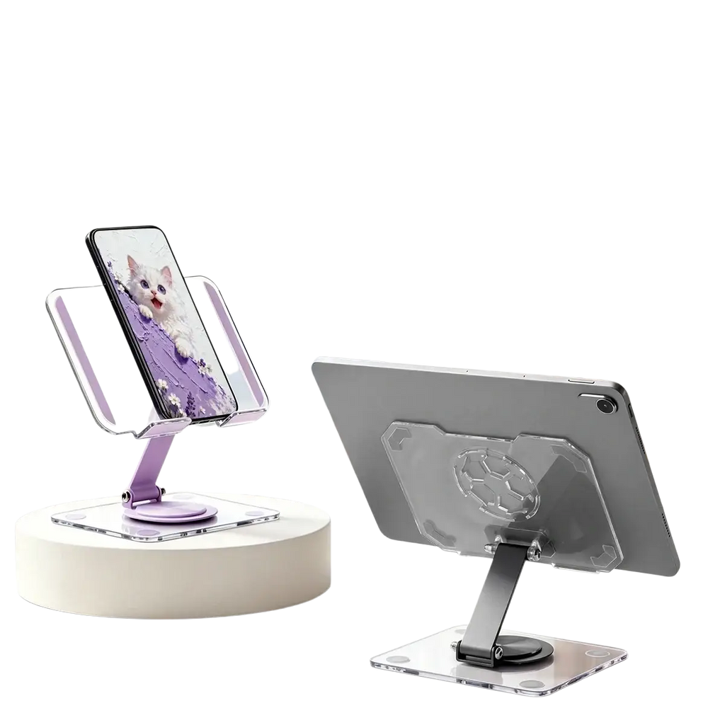 Purple and clear acrylic universal tablet and phone stand with thickened panel for stable support and heat dissipation