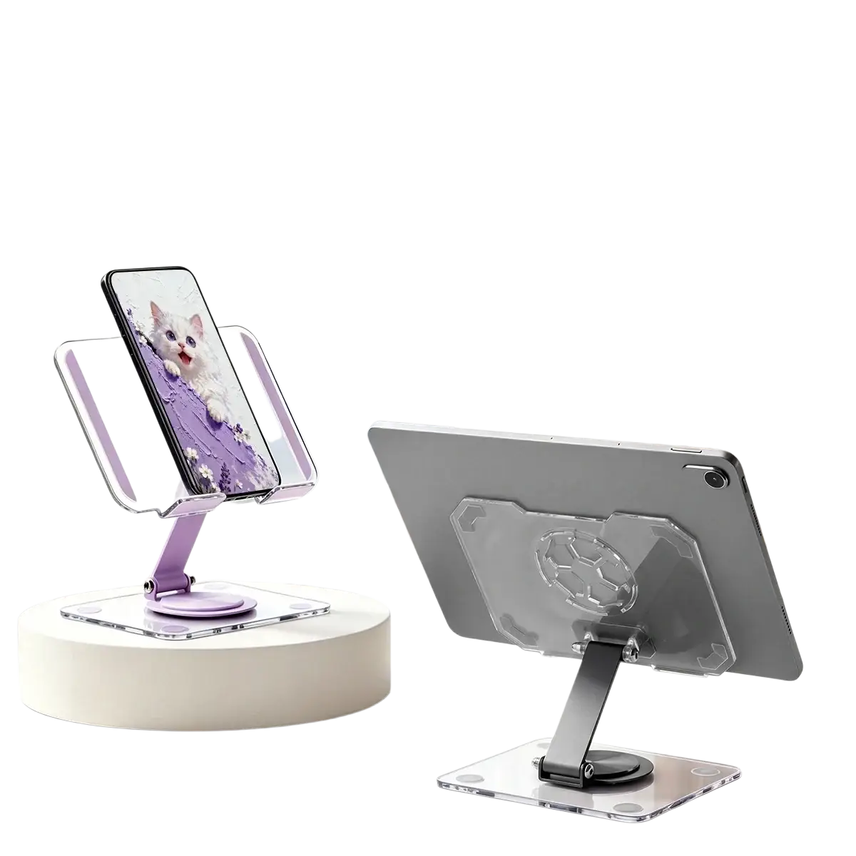 Purple and clear acrylic universal tablet and phone stand with thickened panel for stable support and heat dissipation