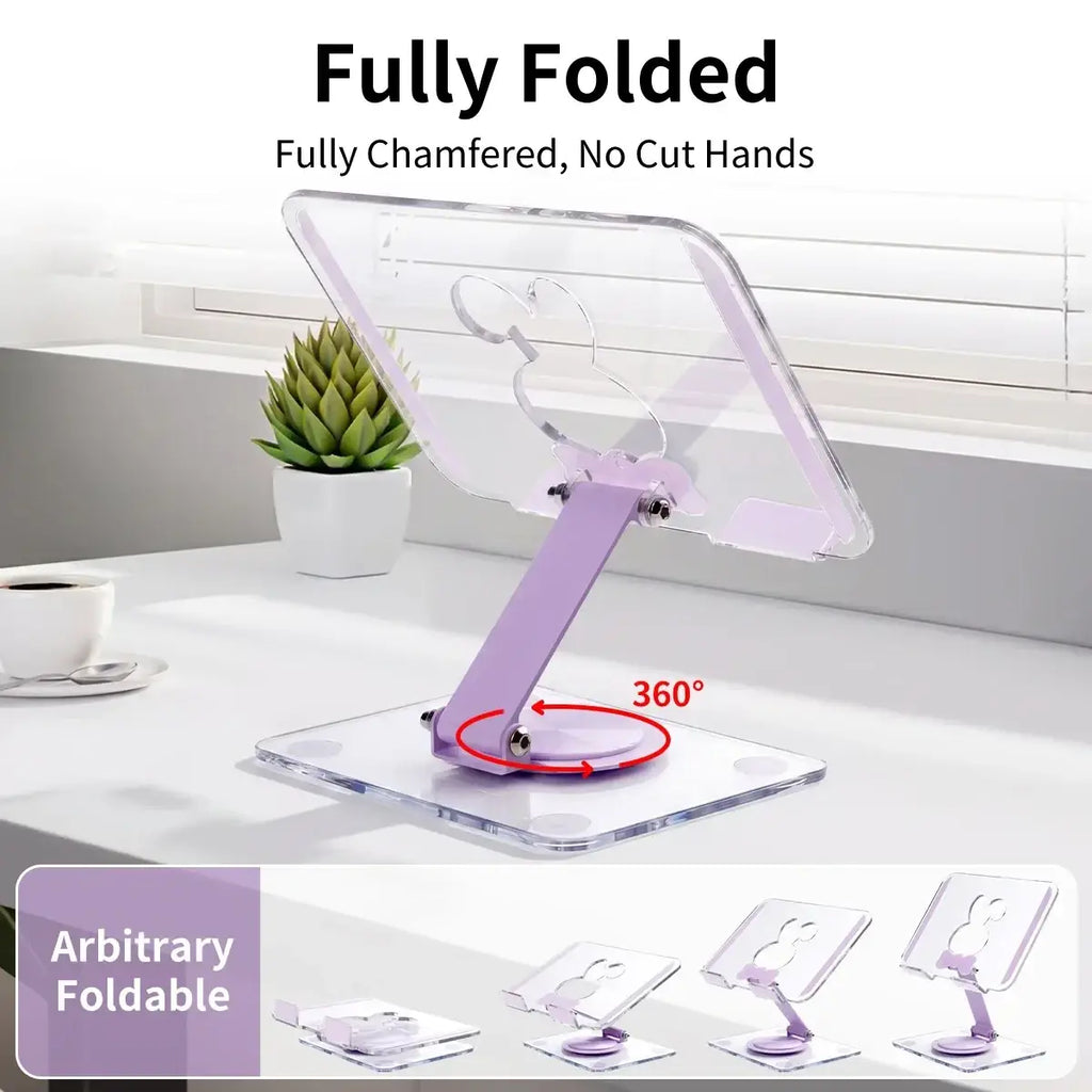 Acrylic tablet stand translucent purple and clear plastic with 360-degree rotating base and heat dissipation features