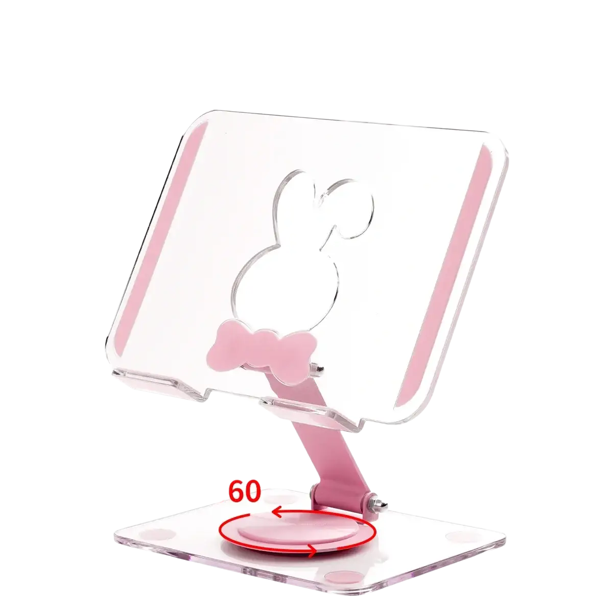Transparent acrylic tablet stand with pink rabbit silhouette and 360 rotating base for heat dissipation