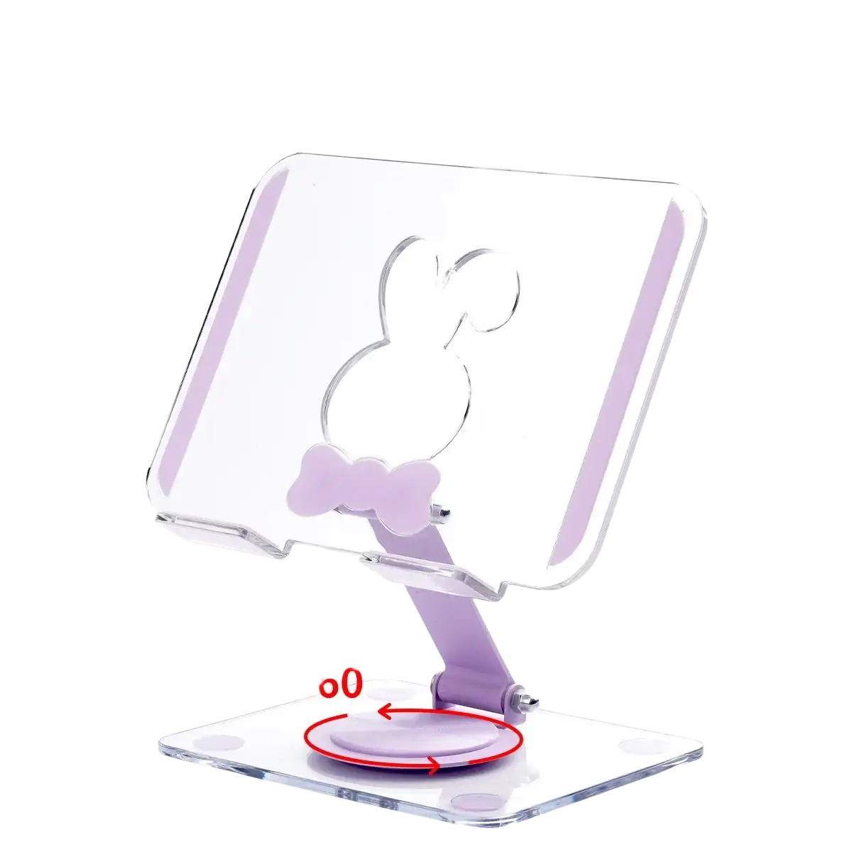 Transparent acrylic tablet stand with purple rabbit design and adjustable 360-degree rotation featuring heat dissipation